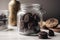 Homemade chocolate cookies in a glass jar on a white background. Delicious truffle cake closeup inside a glass jar, AI Generated