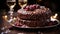 Homemade chocolate dessert, fresh raspberry slice on gourmet dark table generated by AI