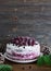 Homemade chocolate and frozen  brambles cake close up