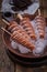 Homemade chocolate ice popsicles.  Chocolate ice-cream close-up on wooden table