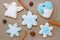 Homemade christmas cookie like snowflake and angel with cinnamon and anise, top view