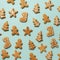 Homemade christmas cookies on blue background. Square crop. Pattern of gingerbread men, snowflake, star, fir-tree, boot shapes.