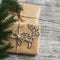 Homemade Christmas gift in kraft paper, wooden Christmas deer ornament, Christmas tree branches on rustic light wooden surface. Fr