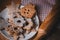 Homemade Christmas gingerbread and linzer cookies with jam, powdered, close up, soft haze effect, vintage