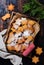 Homemade Christmas New year star shape gingerbread cookies in wooden box on old wooden vintage background.