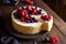 Homemade Christmas winter berry fruit cheesecake on wooden dark table. Creamy mascarpone dessert.