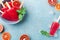 Homemade citrus ice cream or popsicles decorated green mint leaves and orange slices on blue table top view. Frozen fruit juice.