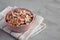 Homemade Classic Southern Coleslaw in a pink Bowl, low angle view. Copy space