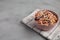 Homemade Classic Southern Coleslaw in a pink Bowl, low angle view. Space for text