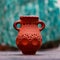 The homemade clay pot of bright orange color on a blurred background of light green stone