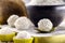 Homemade coconut candy, sugarless white coconut balls made with coconut milk, vegan sweet