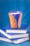 Homemade coffee latte with true ceylon cinnamon and three books on blue background. Shades of blue. Top view, copy space