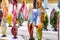 Homemade colourful candles on a market.