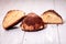 Homemade Cookies with chocolate truffle on white wood with defocused background.