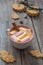 Homemade cookies and hot chocolate on dark old wooden table