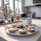 Homemade cookies, sugar powder, different colors, neutral background, tasty bisquits close-up