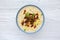 Homemade Corn Chowder with Bacon in a Bowl, top view. Flat lay, overhead, from above