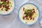 Homemade Corn Chowder with Bacon in Bowls, top view. Flat lay, overhead, from above