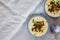 Homemade Corn Chowder with Bacon in Bowls, top view. Flat lay, overhead, from above. Copy space