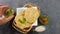 Homemade corn flatbread with cilantro greens tomato salsa. Handmade mexican tortillas vegetable salad Traditional Indian