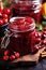 homemade cranberry sauce in a glass jar