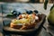 Homemade crostini with fruits, walnuts and ricotta