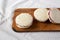 Homemade Crustless Peanut Butter  and Jelly Circles on a rustic wooden board, low angle view