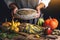 Homemade crusty sourdough bread oven baked and woman baker with autumn foods in kitchen