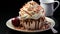 Homemade cupcake with whipped cream, chocolate icing, and candy decoration generated by AI