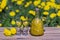 Homemade dandelion flowers tincture in two glasses and in a glass bottle on a wooden table in a summer garden, closeup