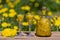 Homemade dandelion flowers tincture in two glasses and in a glass bottle on a wooden table in a summer garden, closeup