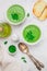 Homemade delicacy green pea cream soup with mint