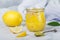 Homemade delicacy natural lemon jam marmalade, Kurd in a glass jar