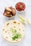 Homemade delicious food of tortillas, salsa and fried wings.