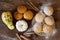 Homemade delicious pastry muffin with decorative pumpkin and cinnamon