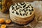 Homemade delicious prunes pie. fruit cake baked,wooden background