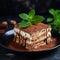 Homemade Delicious Tiramisu cake decorated with fresh mint on a black stone table concrete background