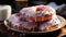 Homemade donut stack, sweet temptation on pink plate generated by AI