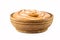 Homemade dulce de leche, sour cream or pasty caramel, in rustic wooden bowl, isolated white background