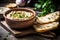 Homemade Eggplant Babaganoush Dip with Olive Oil and Pita Bread. Close-up.Generative AI content.