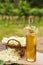 Homemade elderflower syrup in a bottle