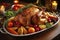 Homemade festive baked turkey for Thanksgiving with vegetables, AI Generated