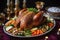 Homemade festive baked turkey for Thanksgiving with vegetables, AI Generated