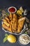 Homemade fish and chips. Food photography for menu.