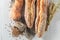 Homemade french baguettes with grains and ears of wheat