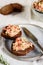 Homemade French dish rilette or pate. Two toasts salmon rillettes pate