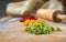 Homemade fresh colored pasta on wooden background