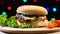 Homemade and fresh tasty burger with cheese, tomato, lettuce on colorful blurred lights background