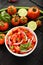 Homemade Fresh tomato salsa salad overhead view