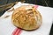 Homemade freshly baked bread on a napkin.